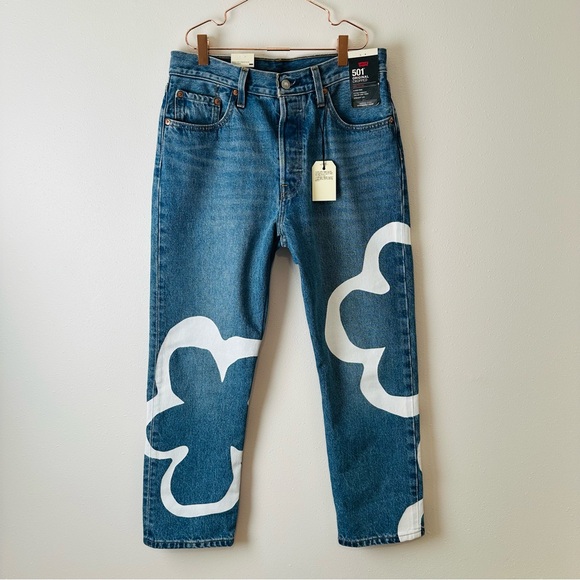 New Levi's 501 Crop high rise straight leg blue 100% cotton Floral print Jeans - Picture 7 of 10